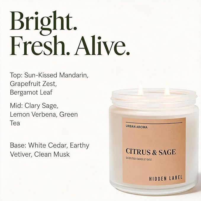 Hidden Label Citrus Sage Soy Candle, 12oz 2-Wick, 70H Focus & Calm | Non-Toxic Natural Wax, Paraben & Phthalate-Free, Clean Burn | Elegant Decor & Gift-Ready | Productivity & Stress Relief