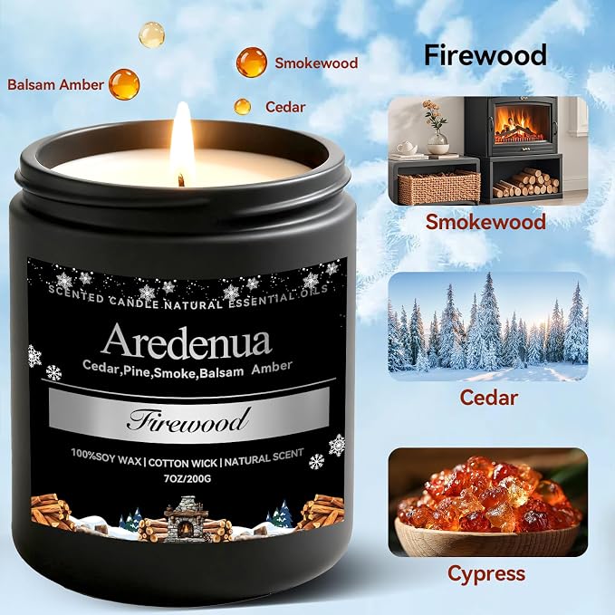 Firewood Candle – Winter Candles | Holiday Scented Candles, 7oz Jar Soy Candle for Home Scented - 50H Burn - Smoky Fireplace Cozy & Warm Scent, Christmas Holiday Décor Gifts for Women & Men