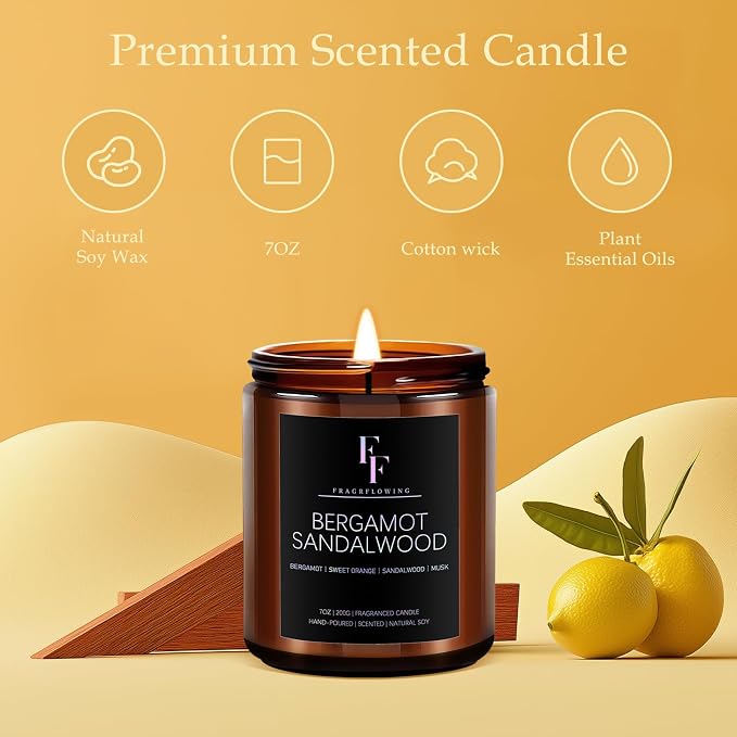 Bergamot Sandalwood Candle, Scented Candle for Home Soy Wax Candle, Aromatherapy Candle Gift for Women Men, 7oz
