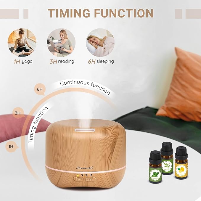 Homeweeks 300ml Essential Oil Diffuser, Quiet Aromatherapy Mist Diffusers for Essential Oils, Wood Grain, Ultrasonic, Remote Control, Timer, 7 Colors Light for Bedroom (300ml Yellow Wood Grain)