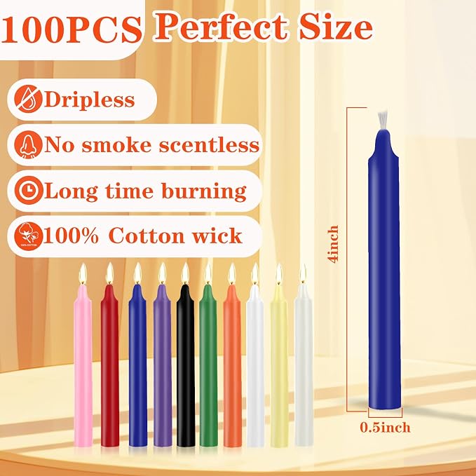 Kunrsug 100 Pack Assorted Color Spell Chime Candles – Premium Mini Unscented Taper Candles for Rituals, Prayer, Birthdays, Meditation, Altar, Spells, Chime Candle - 4 Inch Tall - Ideal for Witches