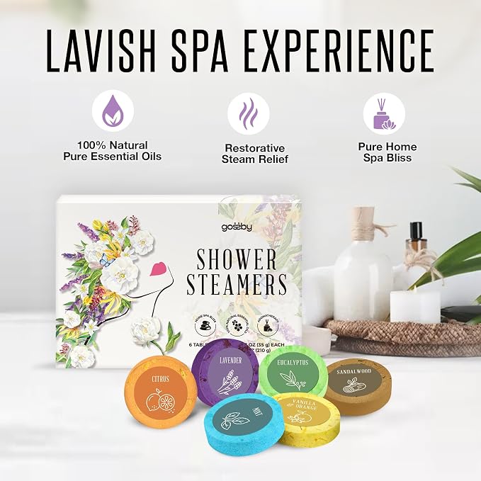 GOSSBY Shower Steamers Aromatherapy (6 Pcs) - Mothers Day Gift for Mom - Birthday, Stress Relief Gift for Women Wife Teen Girl - Basket Stuffers - Natural Essential Oils, Self Care Relaxation Home Spa