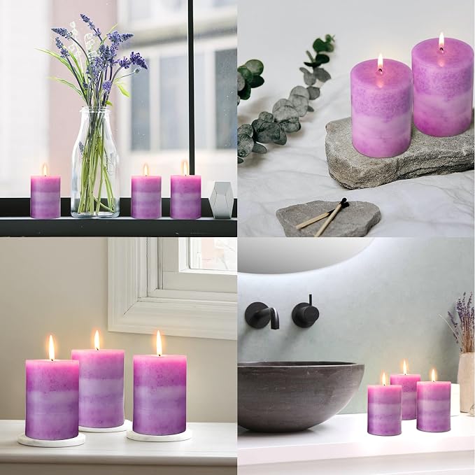 CRYSTAL CLUB Lavender Pillar Candles, Purple Aromatherapy Heritage Scented Candles, Clean Burning and Dripless Candle Lights, Tall 3X4 Inch Lavender Fragrance Candles for Home Décor