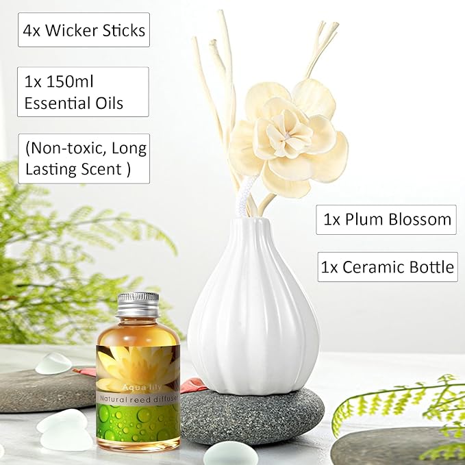 Reed Diffuser Set, Home Fragrance & Decorative Diffuser, Dried Flower Aromatherapy Oil Set, Oil Diffuser Sticks, Ceramic Bottle 5.07 oz(150ml) /1 Pack (Aqua Lily)