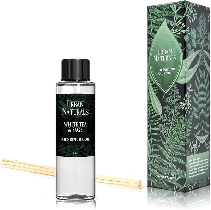 Urban Naturals Reed Diffuser Oil Refill White Tea & Sage, Sparkling Bergamot, Fresh Sage, 4 oz + Free Reed Sticks, Made in the USA