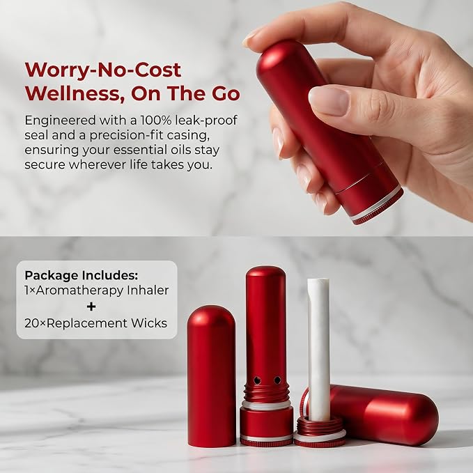 No-Leak Metal Aromatherapy Inhaler, Essential Oil Nasal Diffuser Featuring Wick Holder for Easy Filling & Long-Lasting Scent, BPA-Free Travel Stick for Anxiety Relief - Red