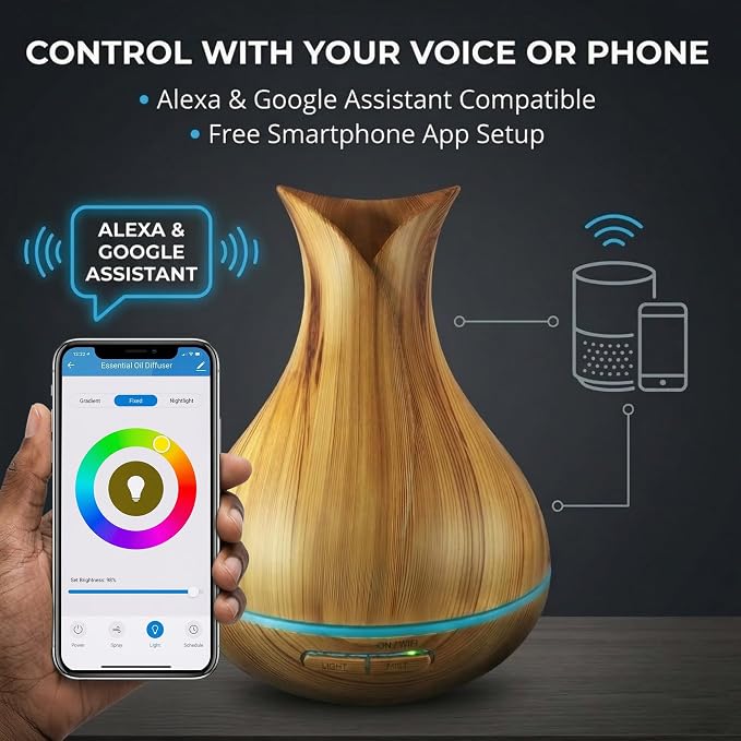 Sierra Modern Home Smart WiFi Humidifier - Aromatherapy Essential Oil Diffusers with App Control & Voice Control - Works with Alexa & Google Home - 400ml Ultrasonic Diffuser & Humidifier - Light Brown