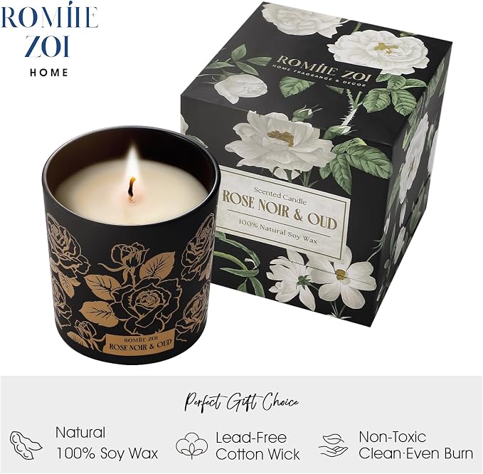 ROMIIE ZOI Scented Candle - Rose Noir & Oud- 6oz Aromatherapy Soy Wax Jar Candle for Home, Gifts for Women - 170g