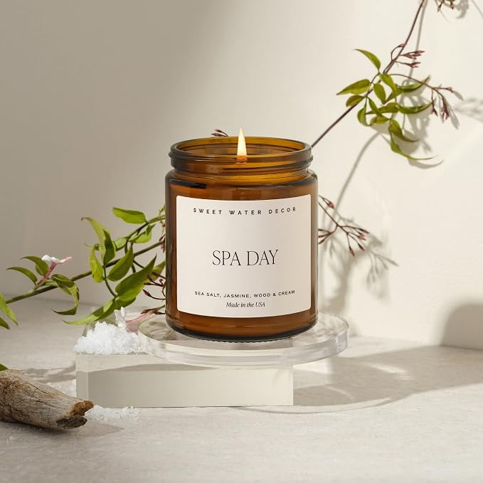 Sweet Water Decor Spa Day Soy Candle | Sea Salt, Jasmine, Wood and Cream Scented Candles for Home | 9oz Amber Jar + Black Lid, 40+ Hour Burn Time, Made in the USA