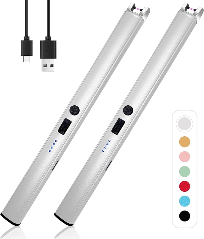 2 PCS Candle Lighter,Windproof Flameless Electric Lighter with LED Power Display ＆ Safety Switch, Upgraded Plasma USB Rechargeable Lighters for Birthday Camping BBQ (Silvery)