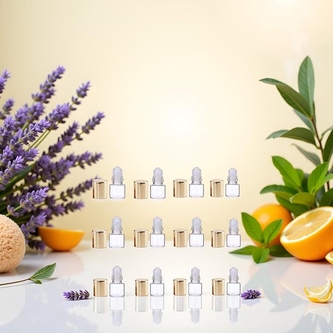 12 Pcs Gold 1ml Mini Glass Roll on Bottles Roller Refillable Essential Oil Aromatherapy Sample Vials Roller Bottles Container
