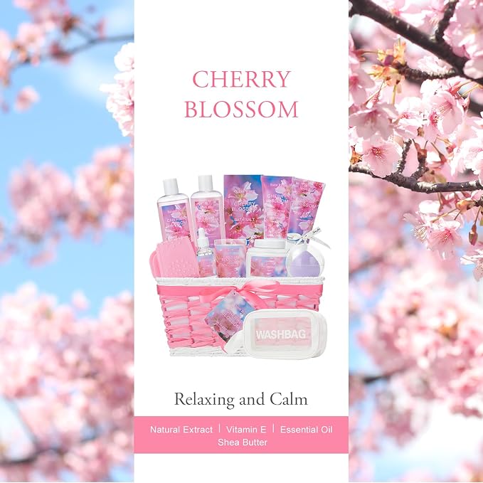 Spa Bath & Body Gift Set for Women, Large Spa Gift Set Basket for Women | Cherry Blossom Bath and Body Gift, spa kit Self Care Pampering Kit, Diffuser, Home Spa, cosmetic Bag, Birthday, Bridal Shower