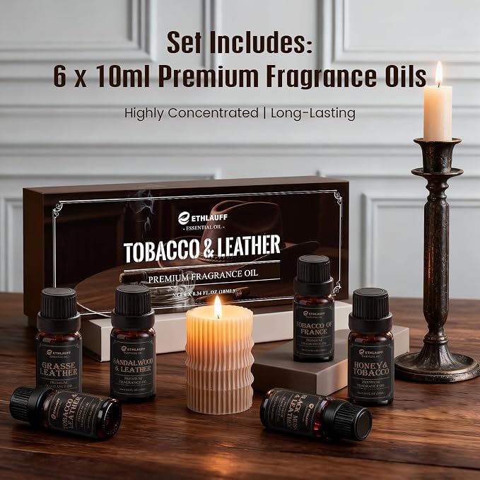 Men Essential Oils Set, Premium Fragrance Oils for Diffusers for Home - | Leather, Sandalwood, Cologne, Smoke Tobacco Scents, Candles & Aromatherapy Gifts for Him