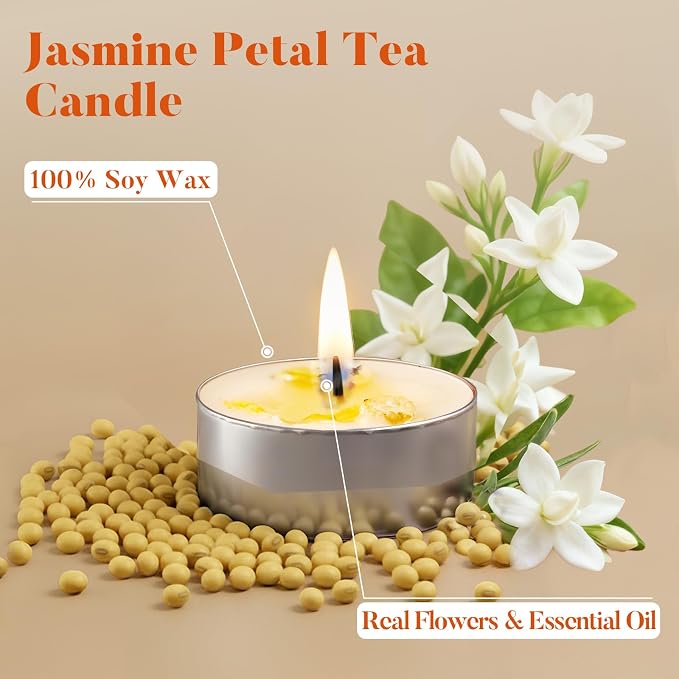 Crenovo Scented Tea Lights Candles with Dried Jasmine Flowers, 16 Pcs Soy Tealight Candles, 6-7 Hours Burning Candles Bulk for Weddings, Small Tea Light for Home, Spa