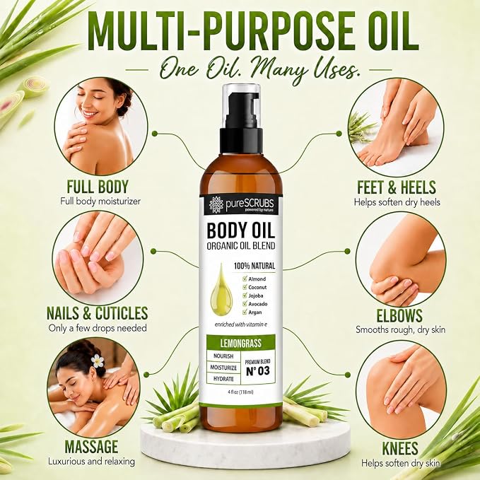 pureSCRUBS Ultra Moisturizing Lemongrass Body Oil for Dry Skin, Lightweight Full Body Moisturizer for Soft, Silky Skin, Massage & Cuticle Oil, Vitamin E Enriched, 4 oz