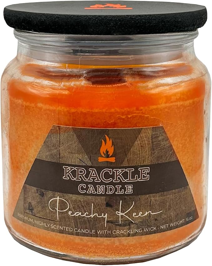 Krackle Candle | Peachy Keen | 16 oz Scented Candle with Natural Crackling Wooden Wick | Poured in the USA | Peach, Brown Sugar & Cinnamon Fragrance