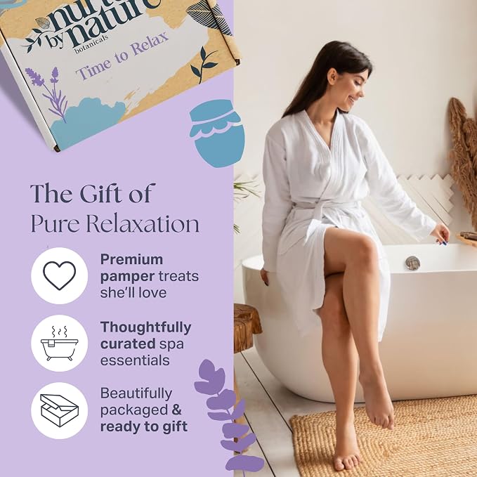 Nurture by Nature Self Care Gifts for Women - Spa Gift Baskets for Women & Relaxation Gifts | At Home Spa Kit | 6 Piece Bath Set with Pillow Spray, Candle, Bath Bomb & Bath Salts