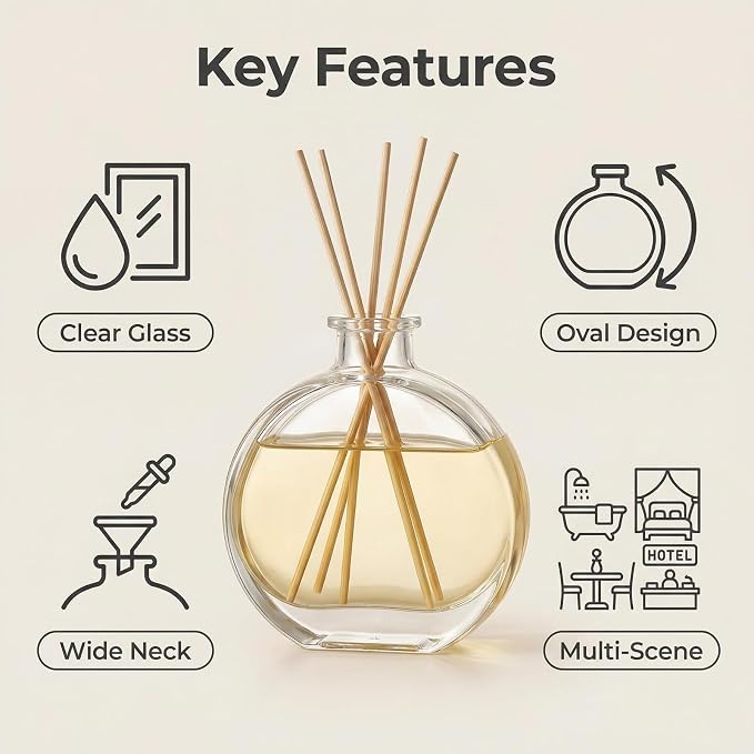 1 Pack 150ml/5oz Flat Round Clear Glass Reed Diffuser Bottles, Refillable Aromatherapy Essential Oil Bottles for Bathroom, Home & Office Decor