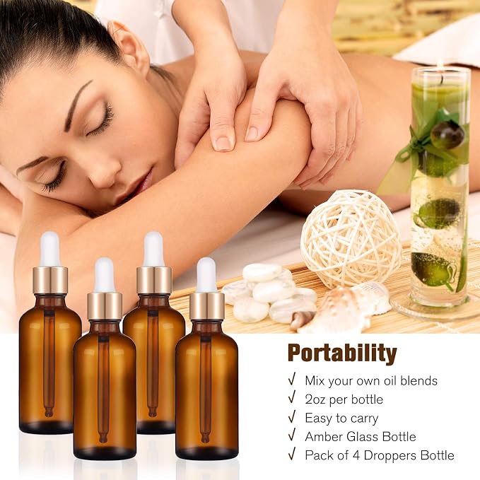 PrettyCare 2 oz Dropper Bottles, 4 Pack Amber Glass Bottles 60ml with Golden Caps, 12 Labels, Funnel & Measured Pipettes-Empty Tincture for Essential Oils & Skincare