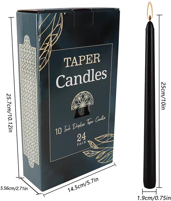 YOROXRG 24 Pack Black Taper Candles, 7-8 Hours Burn Time, Unscented, Smokeless and Dripless, 0.75 x 10 Inch Dinner Candle Set for Halloween, Household, Wedding, Party and Home Décor Candlesticks