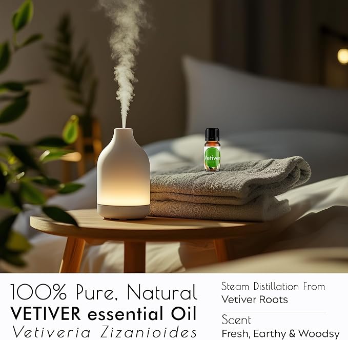 Vetiver Essential Oil | 100% Pure & Natural | Earthy Scented Aromatherapy Oil for Diffuser, DIY Candles & Body Massage, 0.34 fl Oz