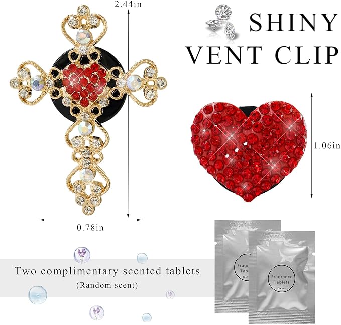 2 PCS Bling Car Vent Clip, Crystal Rhinestone Cross and Heart Car Air Fresheners Vent Clips, Diamond Car Air Conditioner Outlet Decoration Charm for Women, Car Accessories (Red)