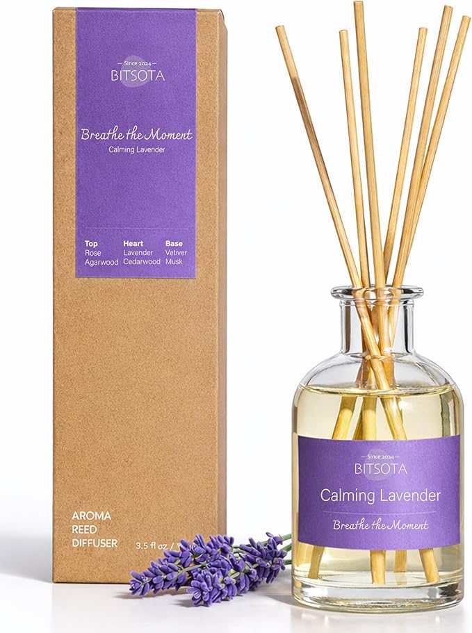 Natural Reed Diffuser Set, Calming Lavender 3.52 oz (100ml) Scented Diffuser with Sticks Home Fragrance Reed Diffuser for Bathroom Shelf Decor, Ideal Gift for Woman
