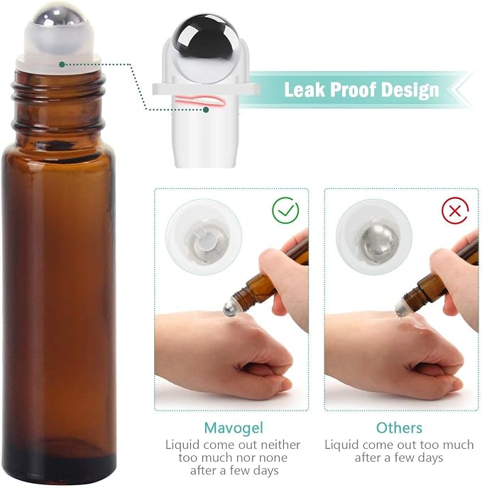 Mavogel 24 Pack 10ml Roller Bottles for Essential Oils, Amber Glass with Stainless Steel Roller Balls, Roller Bottles with Caps for Travel, Perfume and Lip Gloss