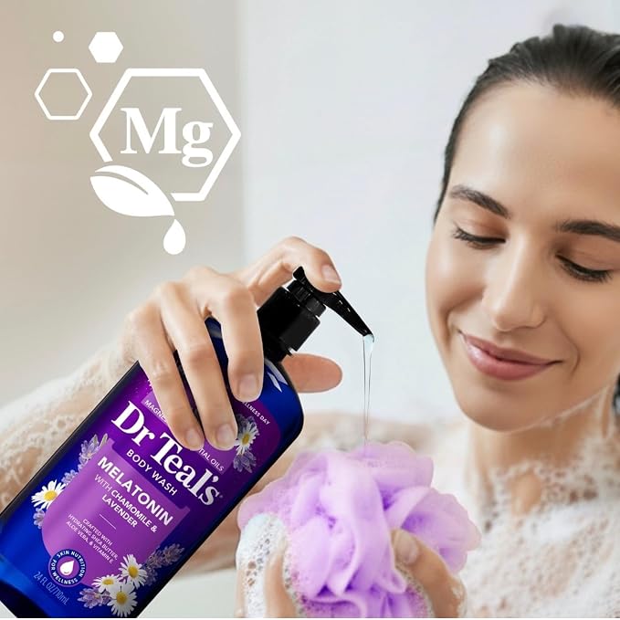Dr Teal's Melatonin Body Wash and Body Lotion Set with Chamomile & Lavender, Magnesium & Essential Oils, 24 fl oz and 18 fl oz
