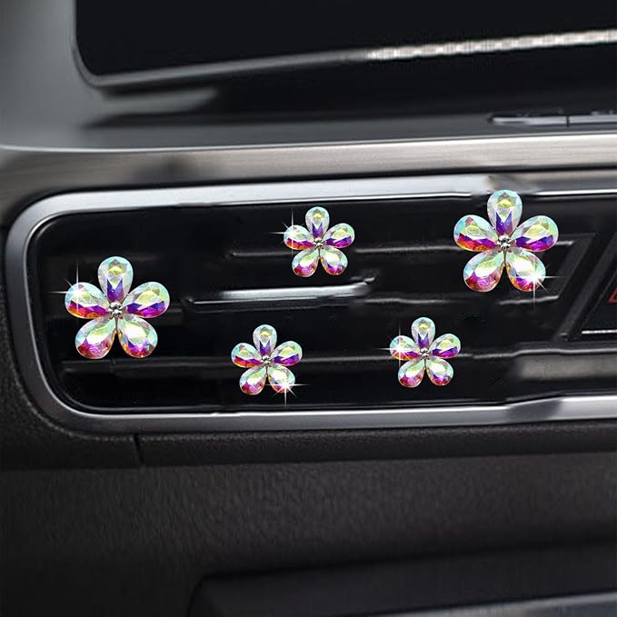 Bling Daisy Flower Car Air Vent Clips, 5PCS Sparkling Crystal Rhinestone Cute Vehicle Air Conditioning Clamp, Diamond Auto Air Outlet Clip Decor for Women Girls (Multicolor)