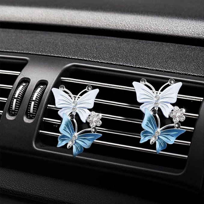 1PC Car Air Fresheners Vent Clips, Cute Dual Butterfly Diamond Rhinestone Car Vent Clip, Air Outlet Perfume Diffuser, Sparkly Bling Car Interior Decoration Accessories for Girls Women