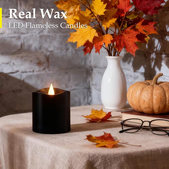 Black Flameless LED Candles - 3" x 3" Real Wax, Battery Operated with Remote Timer, 3D Flickering, Lasts 600+ Hours, Halloween & Christmas Deco (Black, 3"*3"-1pcs)