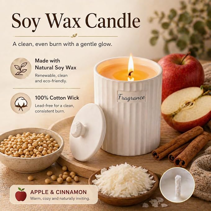 Viyffo Apple Cinnamon Holiday Scented Candle for Women & Men, Non Toxic Soy Candle in Matte White Ceramic Jar with Gift Box Perfect for Winter Gift & Home Decor
