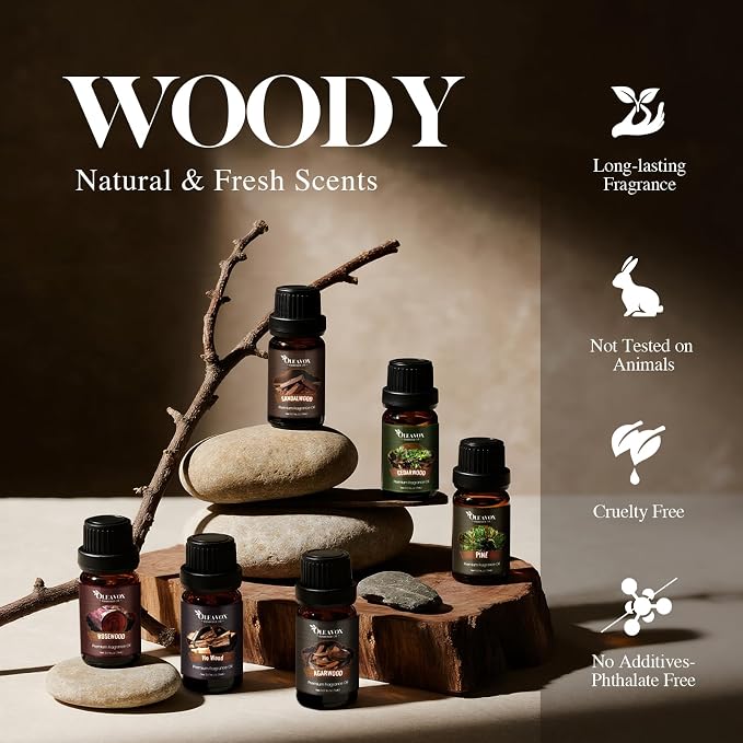 Woody Essential Oils Gift Set, 10x５ML Premium Wood Fragrance Oil　for Candle & Soap Making, Diffuser, Sandalwood, Teakwood, Forest Pine, Cedarwood, Cypress and Frankincense More Aromatherapy Oils