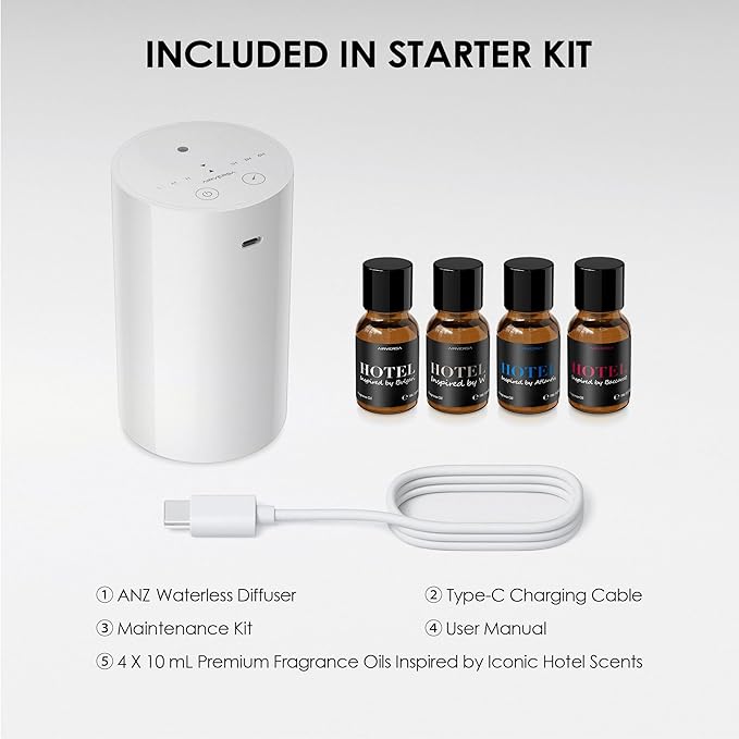 Waterless Essential Oil Diffuser Starter Kit, Battery Operated Mini Scent Air Machine Portable Diffuser for Home Car Office, ANZ White Kit