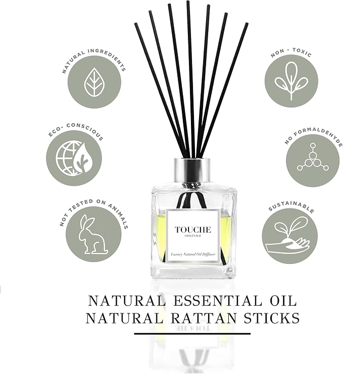Touche Luxury Natural Reed Diffuser. Long Lasting Scented Home Fragrance. Natural Essential Oil Alcohol-Free. 4.75 OZ. Glass Bottle (Sandalwood & Jasmine - Clear Bottle)