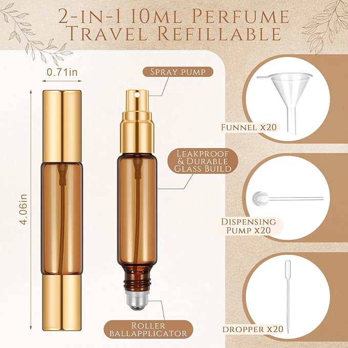 Domensi 20 Pack Dual-head Perfume Roller Bottles, 10ml Travel Refillable Bottles with Roller Ball & Spray for Essential Oils & Cologne, Leakproof Travel Atomizer with Funnel Tool(Amber)
