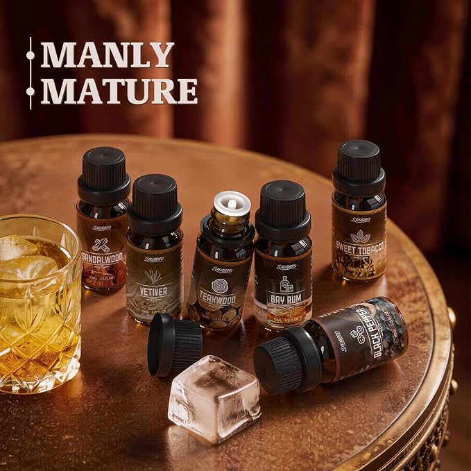 SALUBRITO Men's Club Fragrance Oils, Wood Essential Oil Set for Diffuser, Soap, Candle Making - Sandalwood, Teakwood, Sweet Tobacco, Bay Rum, Black Pepper, Vetiver, Gentlemen Scented Oil