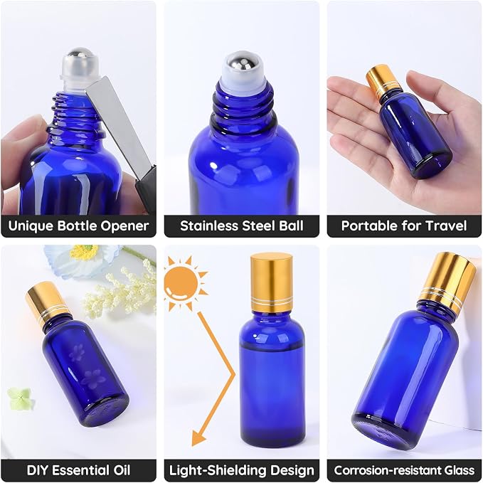 Segbeauty 1oz Thick Glass Roller Bottles for Travel Perfume, 5pcs Blue Empty Rollerball Bottles for Oil, 30ml Essential Oil Roller Ball Applicator Refillable, Travel Roll On Bottle for Eye Essence