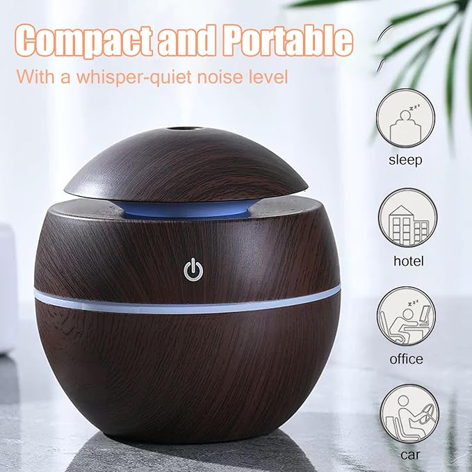 Wood Grain Humidifier, Portable Mini Humidifier Compact Portable 5V 2W USB Aroma Diffuser Quiet Essential Oil Diffuser for Bedrooms Living Rooms Office Car