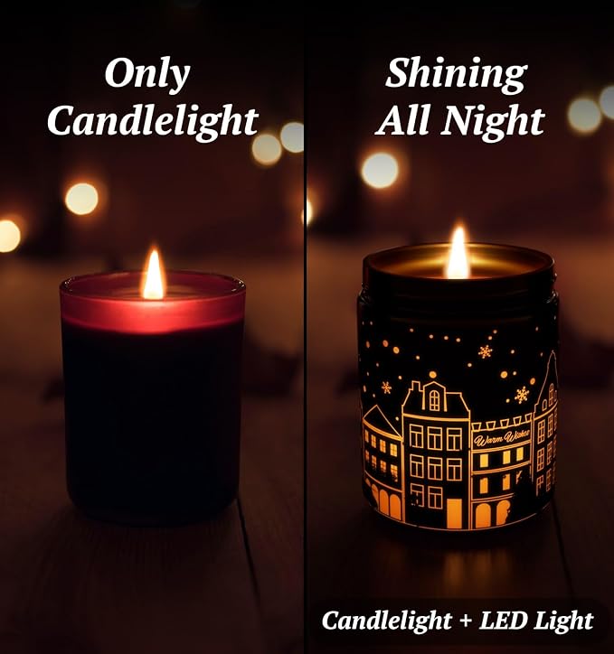 Merry Christmas Candles with Warmer LED, Christmas Decor Gifts Winter Candle with Apple Spice Scent, Apple Candles Over 40 Hours Burn Time, Home Decorations Indoor, 100% Soy Wax,Black
