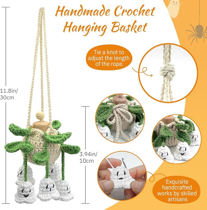 Crochet Glowing Ghost Car Air Freshener, Halloween Car Decor, 15ml Refillable Oil Diffuser Bottle with Hanging Crochet Decor for Car Rearview Mirror, Handmade Halloween Gifts