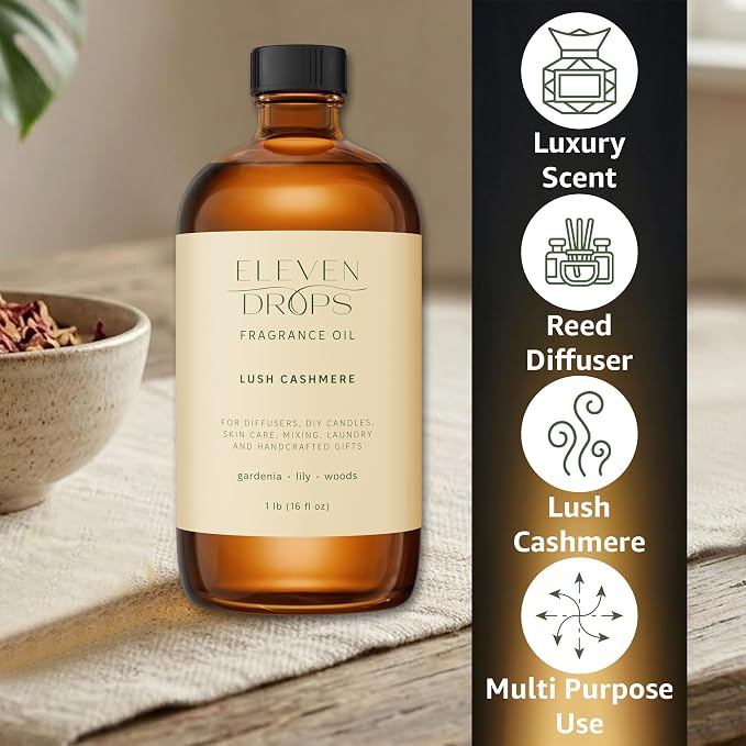 Lush Cashmere Fragrance Oil | Gardenia, Lily & Woods Notes | Long Lasting Scent Reed Diffuser Oil for Home, Office, Hotel, Spa, Car & Linen Spray | Pet Friendly IFRA Compliant, 16 oz