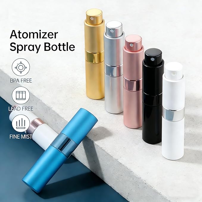 8ML Refillable Perfume Atomizer 3 Pack, Portable Leak-Proof Cologne Dispenser, Aluminum Travel Spray Bottle for Men and Women, Travel Grooming Essentials (Black, Silver, Blue)
