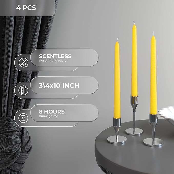 CANDWAX 10 inch Yellow Taper Candles Pack of 4 - Unscented Smokeless Dripless Yellow Candles - Perfect for Home Décor, Special Occasions and Ordinary Dinners - Easter Candlesticks