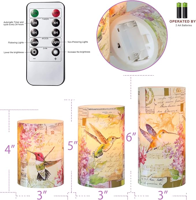 Flameless Candles Pink Hummingbird Floral Battery Operated Remote Timer Flickering LED Real Wax Pillar Candle Warm Light Spring Summer Decor for Home Fireplace Christmas Holiday Gifts
