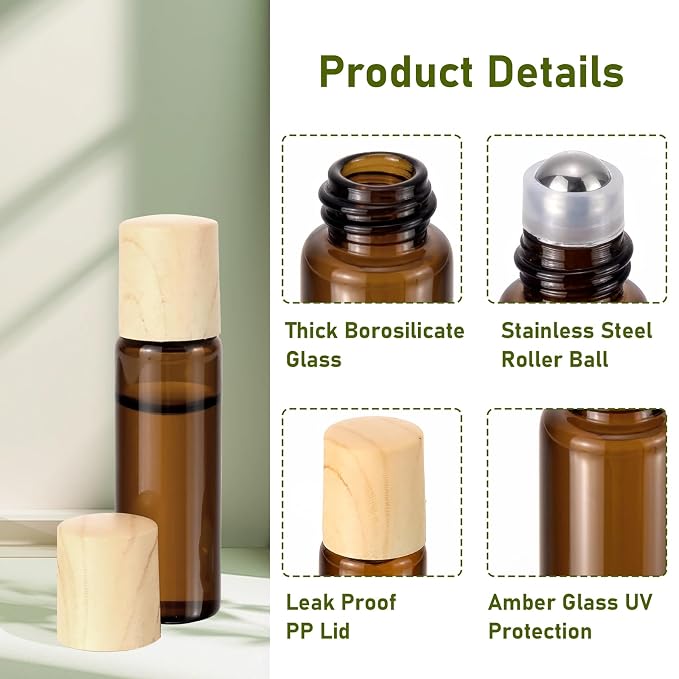 5mL(1/6 Oz) Amber Glass Roll On Bottles, 8 Pack Leak Proof Refillable Roller Bottles for Essential Oils, Perfume, DIY Craft, Samples, Eye Roller, Travel Portable
