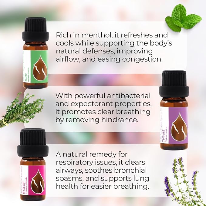 Set Breathe Freely - Organic Essential Oils - Thyme (10ml) + Mint (10ml) + Hyssop (5ml) - 100% Pure and Natural Undiluted Aromatherapy Stress Relief Fresh Herbal Sweet Aromas 3pcs
