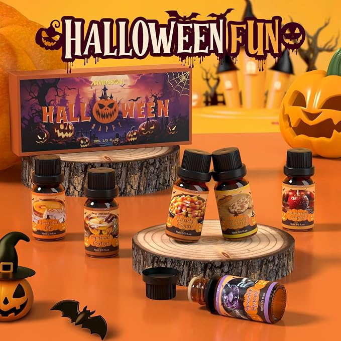 ARVIDSSON Halloween Fragrance Oils Set, Fall Essential Oils for Diffuser - Pumpkin Pie, Spiced Cider, Caramel Apple, Candy Corn, Snickerdoodle, Spooky Spices, Autumn Scented Oil