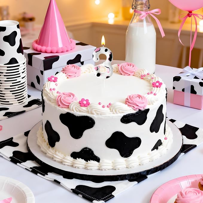 Number 3 Birthday Candle for Cake – Cow Print Design in White Black Pink – Farm Theme & Cowgirl Party Cake Topper Decoration